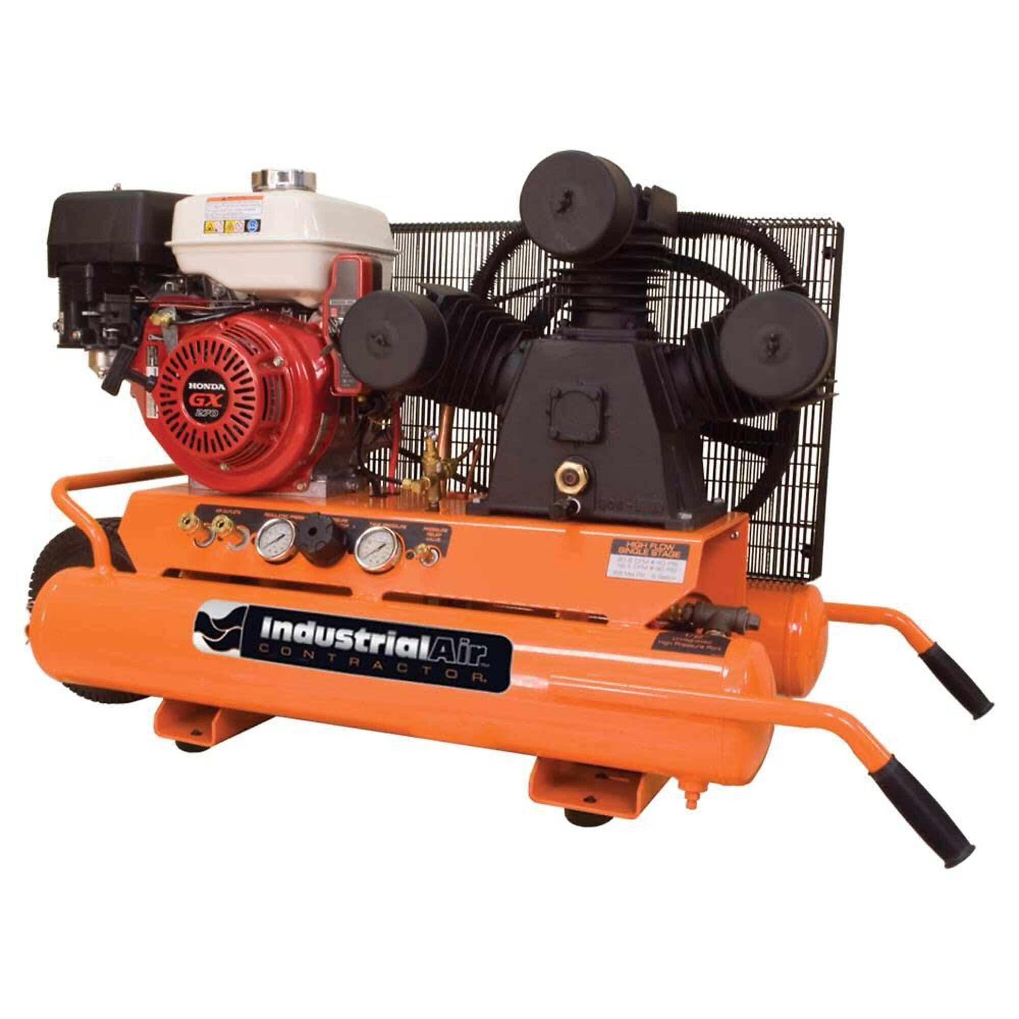 Industrial Air Contractor, IA 9GAL WHLBRRW W/HONDA AIRCMP, Horsepower 9 HP, Air Tank Size 9 Gal, Model# CTA9090980.ES.SAN